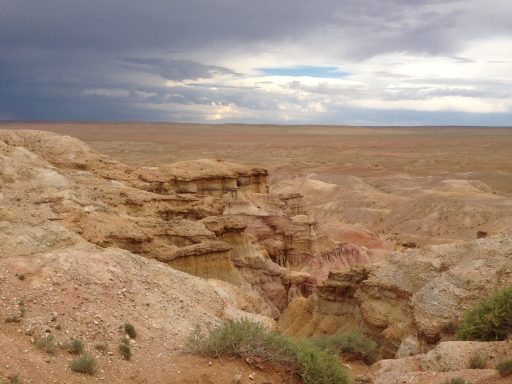 Vista de un desierto con formaciones rocosas y un cielo nublado al fondo.